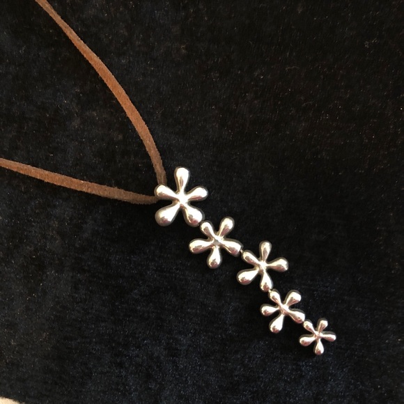 Sterling and Leather Flower Necklace - Picture 1 of 2